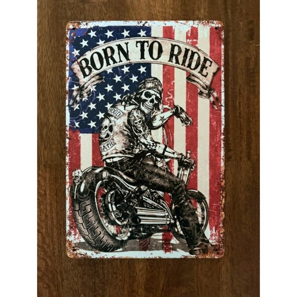 Born To Ride American Flag Skull Biker Vintage Style Metal Sign 12" x 8"